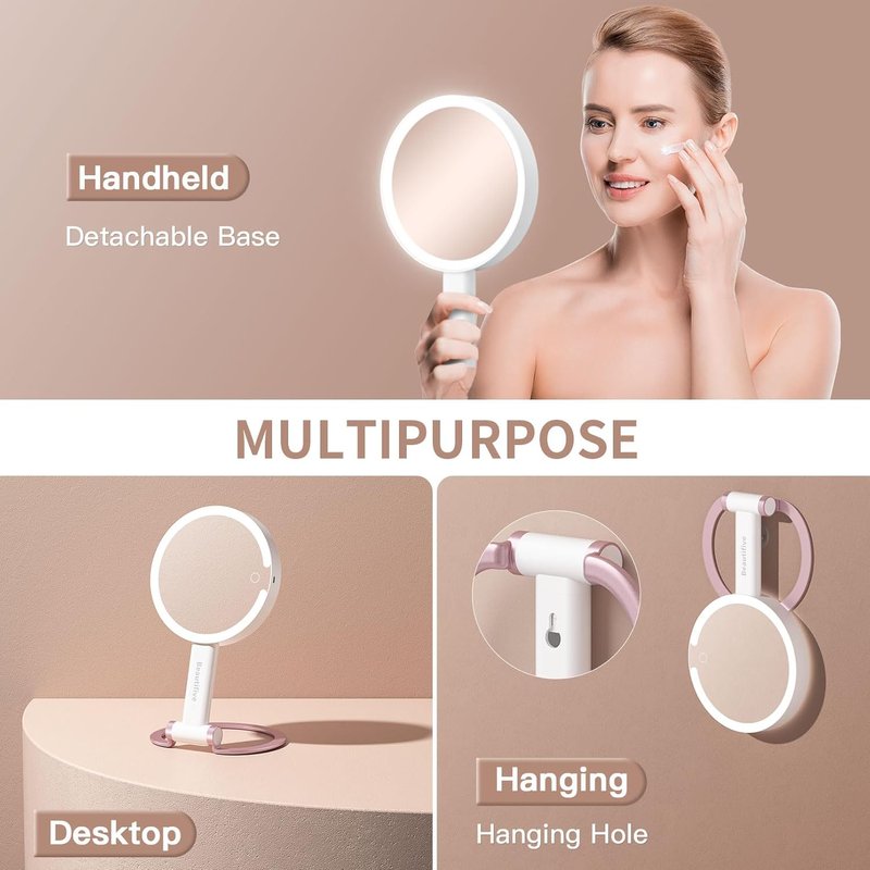 7-Inch Magnifying Mirror with Light - Rechargeable Double-Sided 10X/1X Handheld Makeup Mirror | Pink with Stepless Dimming