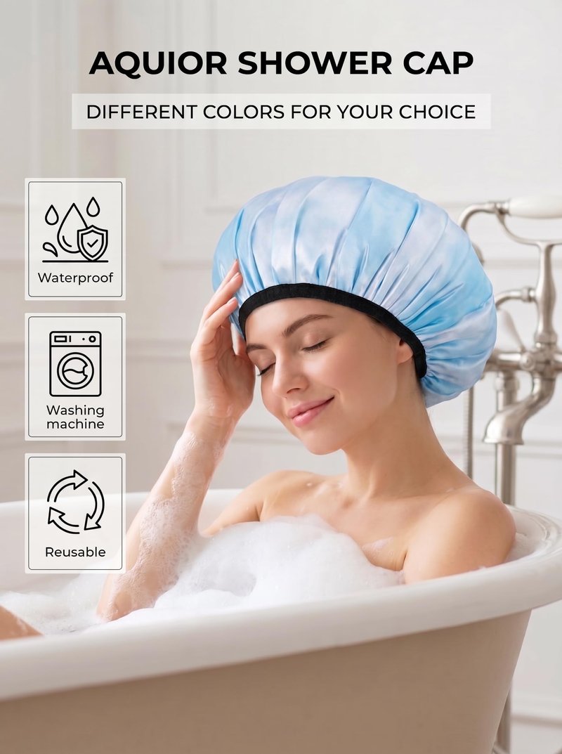 Aquior Shower Caps,Terry Lined Shower Cap for Women Reusable, Triple Layer Waterproof Bath Cap, Extra Large for Women Long Hair