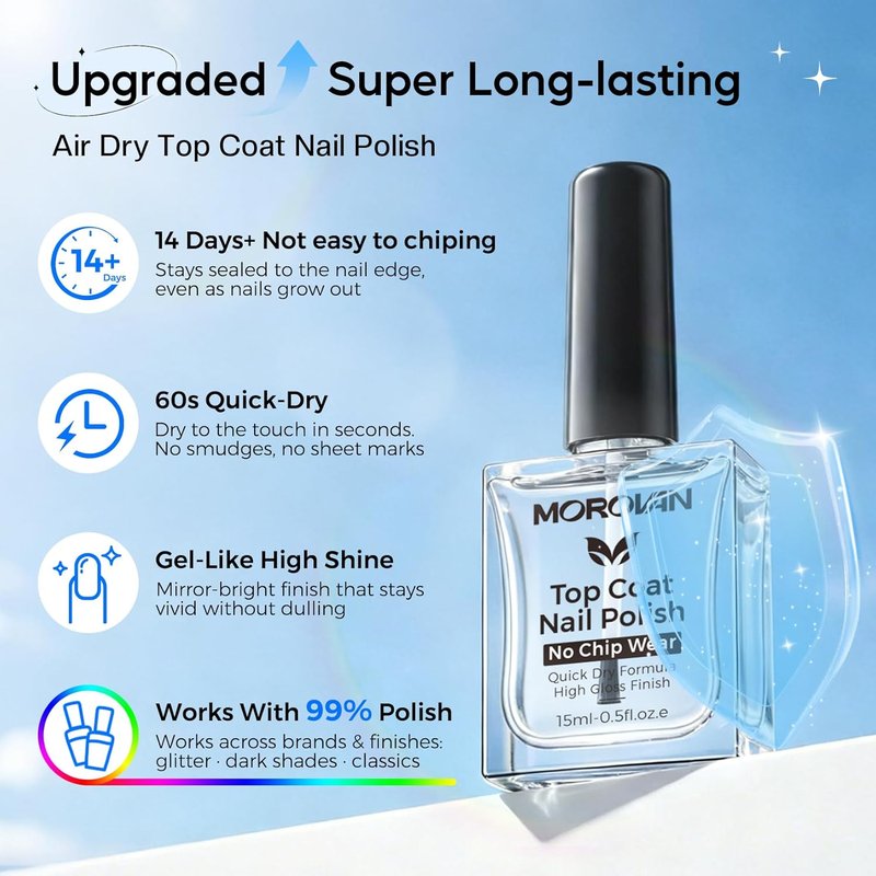 Morovan Top Coat Nail Polish - 14 Day No Chip Quick Dry Formula | High Gloss Clear Finish, 0.5 fl oz