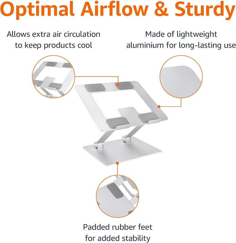 Ergonomic Laptop Stand - Height Adjustable & Portable Riser with Ventilated Cooling | Fits Laptops Up to 15.6 Inch - Silver