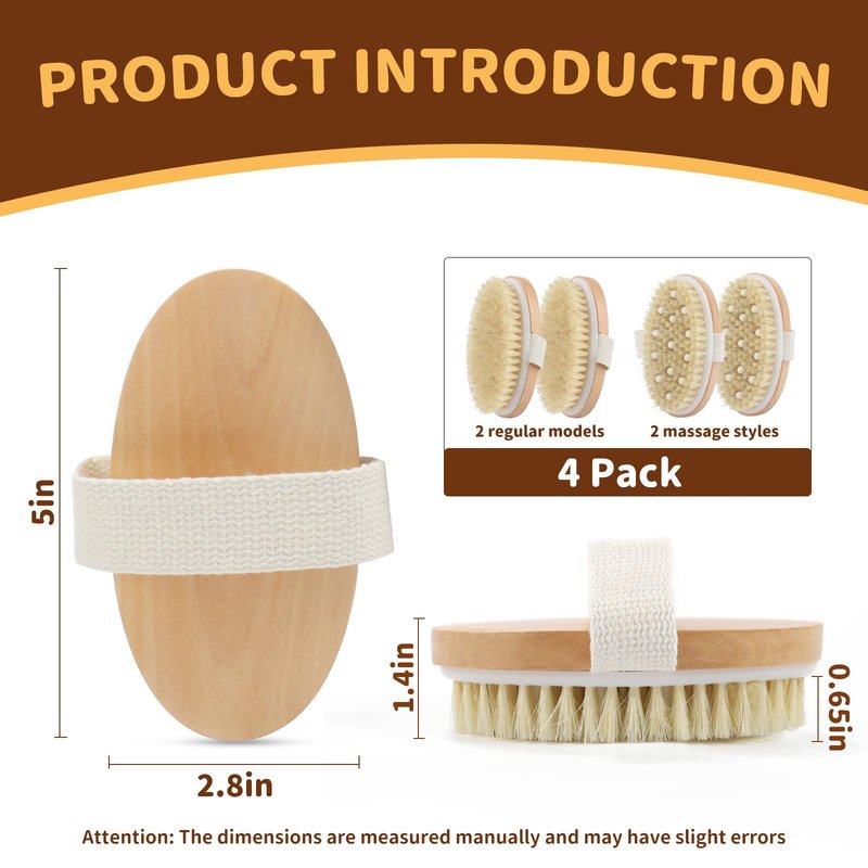 SAMEBUTECO 4 Pack Dry Body Brushing Brushes, Natural Bristle Exfoliating Scrub Brushes with Massage Nodes for Lymphatic Drainage, Skin Firming, Acne Treatment, and Cellulite Reduction