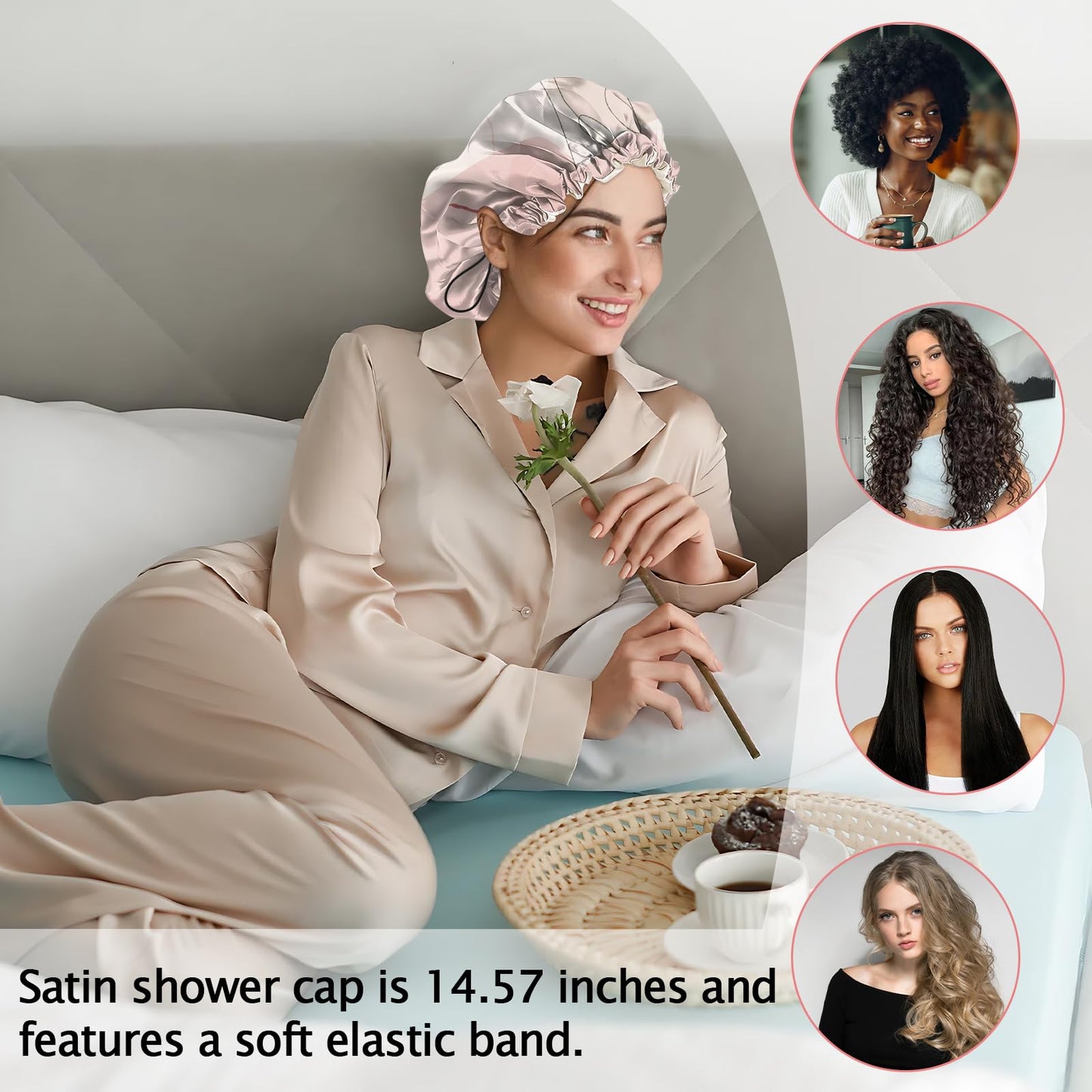 Cabreche Luxury Shower Cap Satin Silk Lined Adjustable Elastic Reusable Waterproof Shower Bath Cap Cute for Women Girls-Color Block