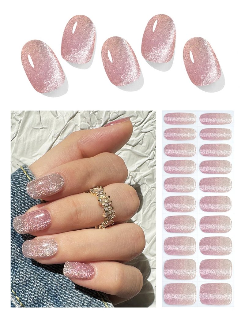 Semi Cured Gel Nail Strips, Nude Pink Cat Eye Gradient 20pcs UV Gel Nails Sticker, Nail Wraps UV for Home Nails DIY