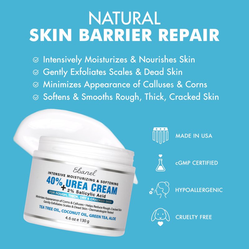 Ebanel Urea Cream 40% plus Salicylic Acid 2%, Foot Cream for Dry Cracked Heels Feet Knees Elbows Hands, Foot Dead Skin Cuticle Callus Remover Toenail Softener, Keratolytic Skin Barrier Repair Cream