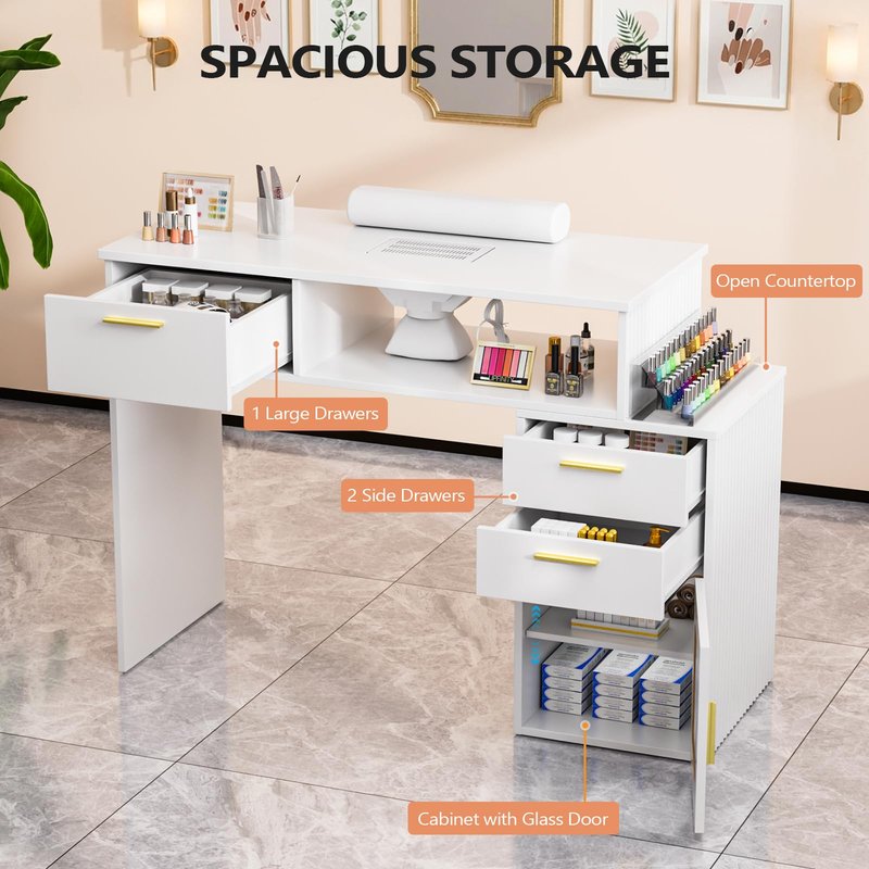 OmySalon Nail Desk with Ribbed Design & Electric Dust Collector - Nail Tech Station with Storage Drawer, Fluted Glass Cabinet & Wrist Cushion for Home Salon & Spa (White)