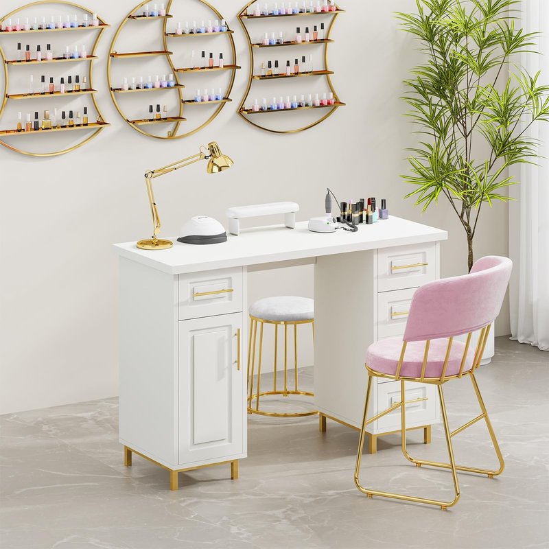 MaverickFurni Nail Tech Desk for Nail Tech, 43 Inch Wooden Manicure Table with Storage, Nail Table with 5 Drawers and Cabinet, Manicure Desk Nail Station (White)