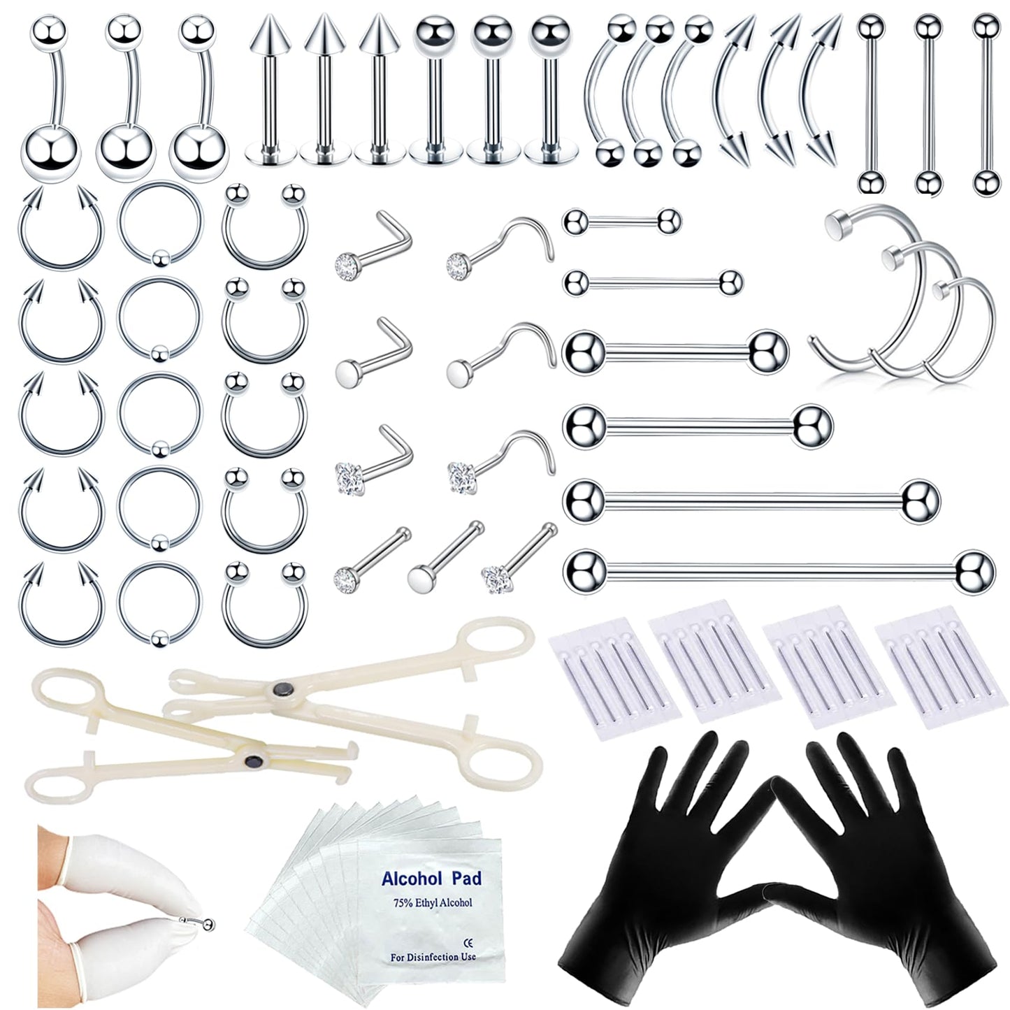 TKKUY 80PCS Nose Piercing Kit: Stainless Steel Body Piercing Jewelry with 12G, 14G, 16G, 20G Needles for Ear, Nose, Lip, Eyebrow