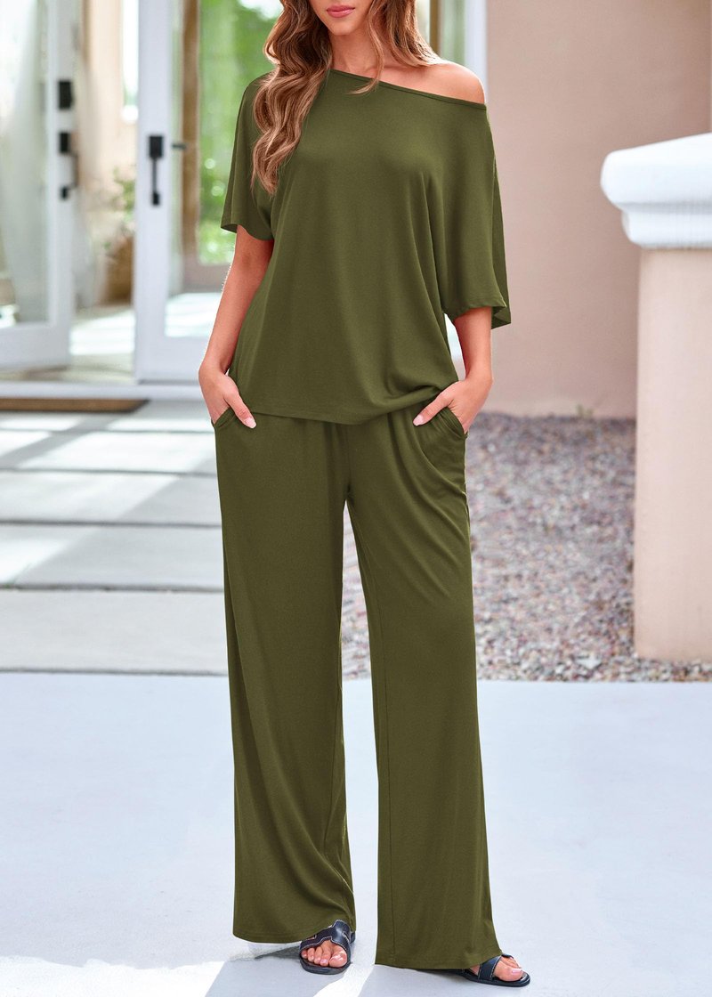 KIRUNDO Lounge Sets for Women Airport Travel Outfit 2026 Summer Off the Shoulder Tops Wide Leg Pants 2 Piece Matching Set