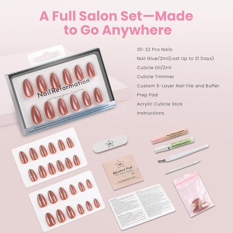 Press On Nails - Amber Gold Short Almond Cat Eye Velvet Finish | 16 Sizes, Reusable Opaque Stick On Nail Kit with Glue for Women