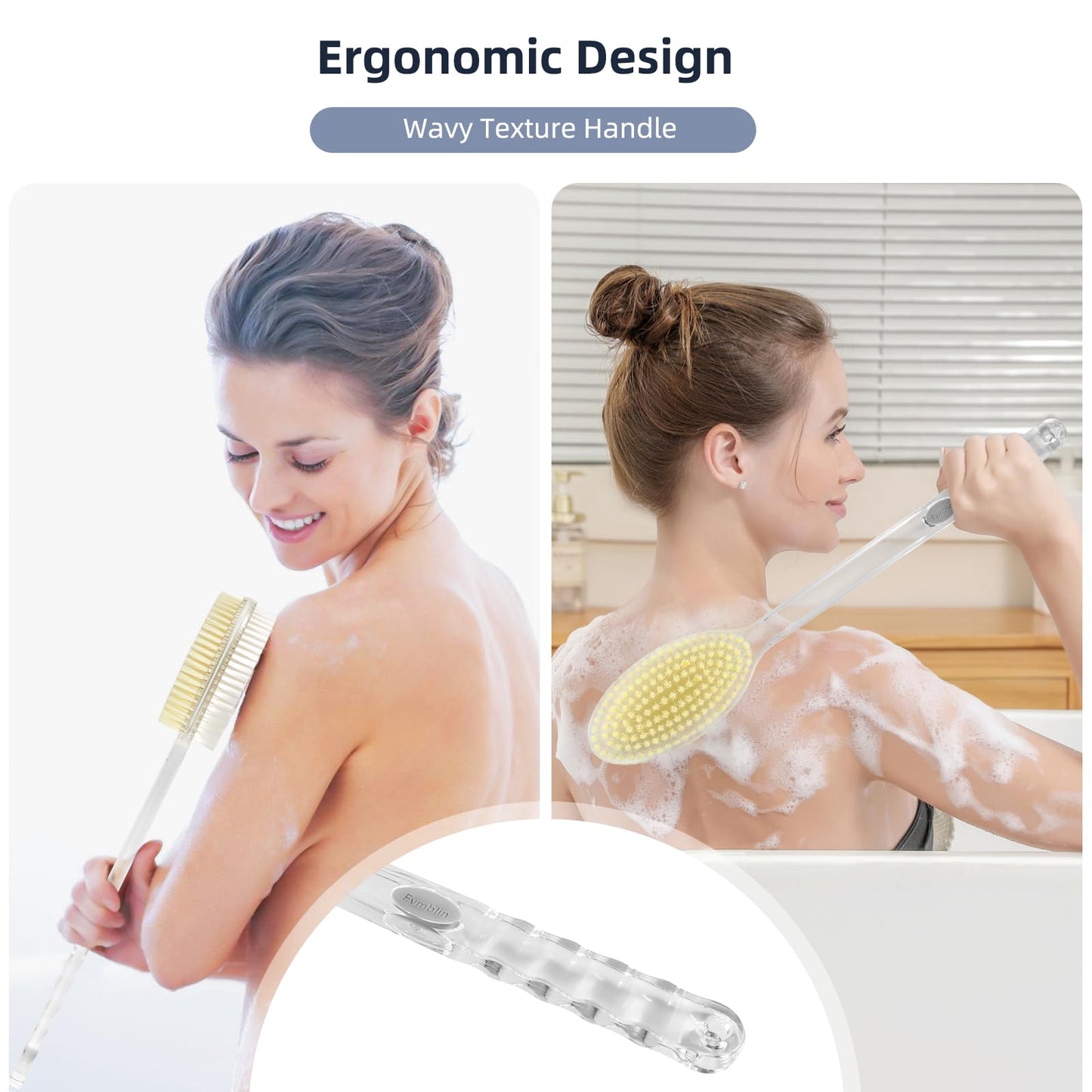 Fymblin Back Scrubber Long Handle for Shower,Back Brush Dual-Sided with Stiff and Soft Bristles,Body Exfoliator for Bath or Dry Brush