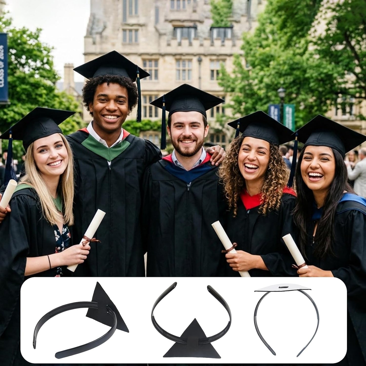 TERSE Graduation Cap Headband Insert for Hair, Secure Fit Grad Cap Head Band for Curly and Thick Natural Hair, No-Slip Headband for Graduation Caps for Women and Men, Black