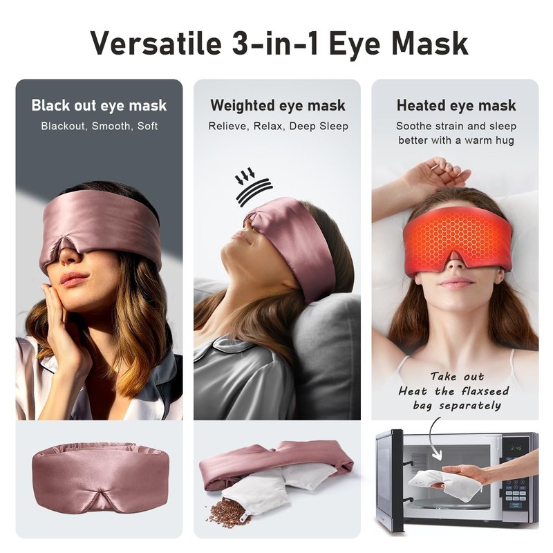 LitBear Mulberry Silk Sleep Mask 22 Momme, Microwave Heated Eye Mask for Dry Eyes, Adjustable Weighted Sleeping Mask for Women Men, Warm Compress Light Blocking Eye Cover for Relax
