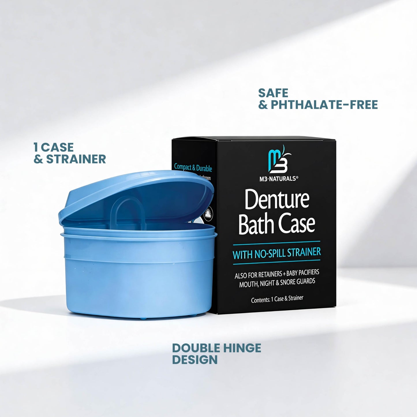 Denture Bath Case and Retainer Case, Denture Bath Cup for Invisalign Retainers Mouthguards Dentures Cleaner Kit with Strainer Spill-Free Portable Retainer Cleaner Case by M3
