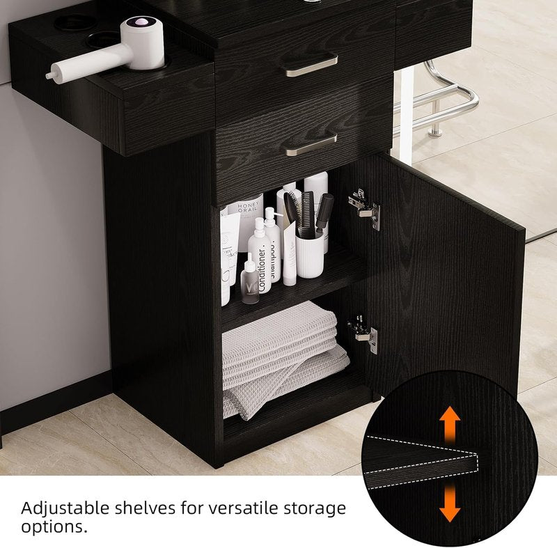 Salon Station for Hair Stylists - Black Barber Station with Hair Dryer Holder | Professional Hair Salon Equipment