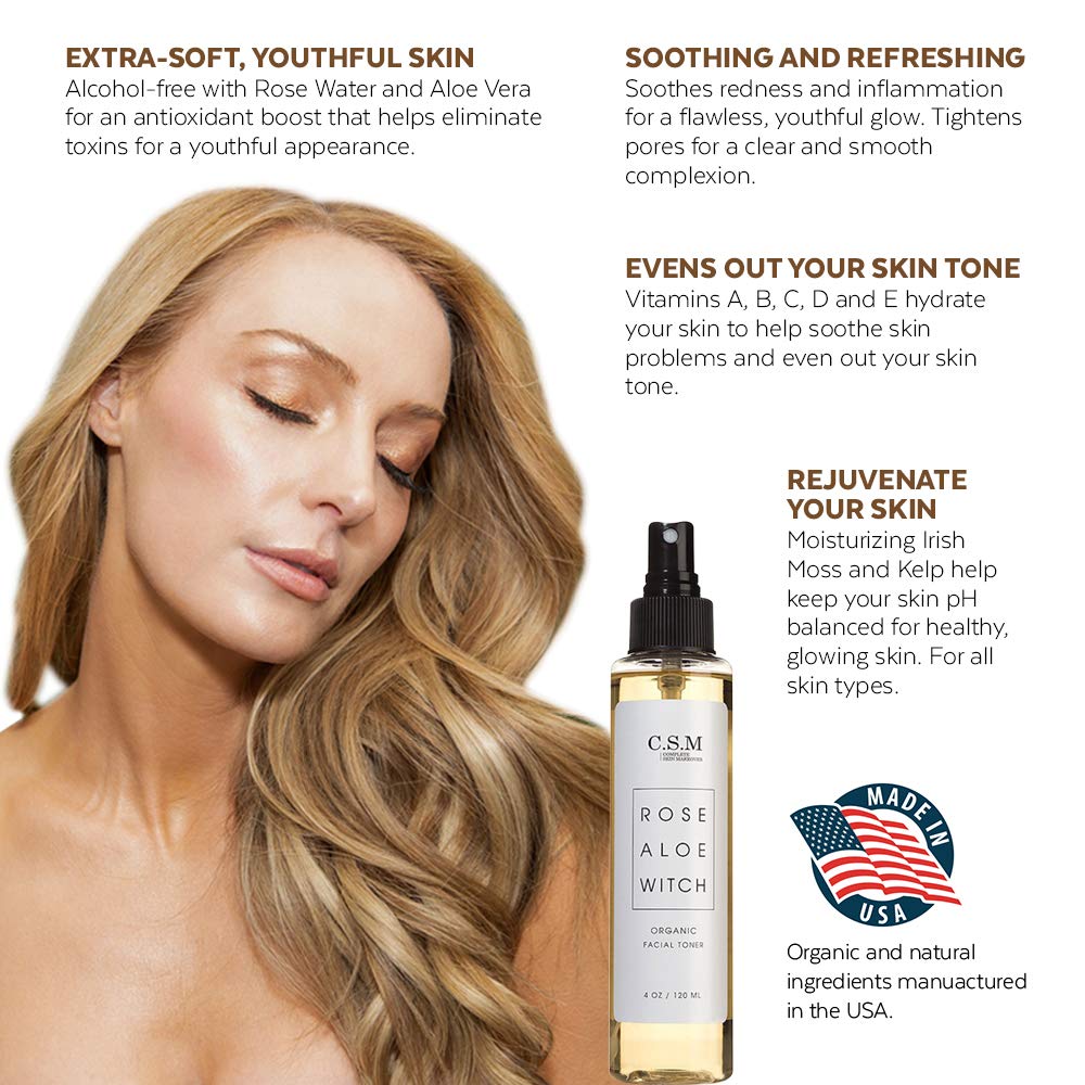 CSM Organic Alcohol-Free Witch Hazel Face Toner with Rose Water, Aloe Vera - Minimizes Pores, Soothes Skin for a Fresh, Clear Complexion - Easy Mist Spray - RAW Facial Toner - Made in the USA