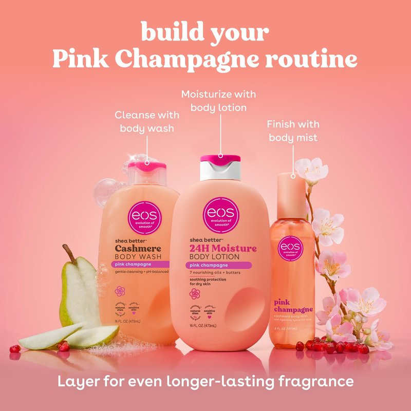 eos Pink Champagne Scent Layering Bundle - Body Wash, Body Mist, Body Lotion