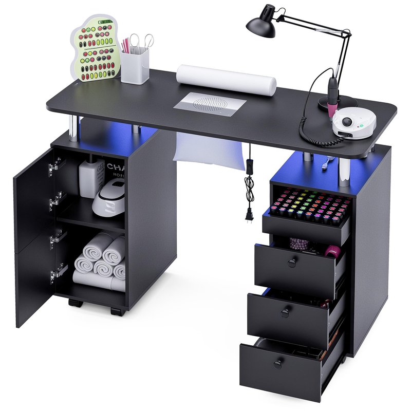 HolaiNail Nail Desk for Nail Tech w/Electric Dust Collector, Rolling Manicure Table w/Lockable Wheels, Storage Drawers, Wrist Cushion, Acetone Resistant, for Nail Beauty Salon Workstation (Black)