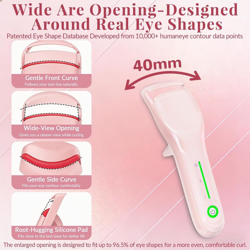 Skiennix Heated Eyelash Curler - 3 Heat Levels, Fast 8s Heating, USB-C Rechargeable, Anti-Burn Pad | Pink