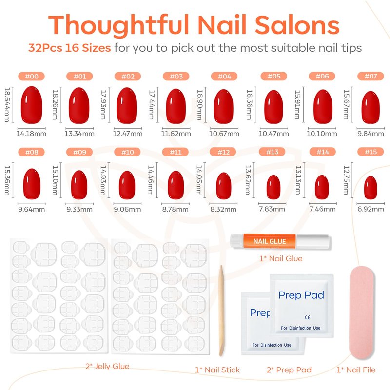 modelones Red Short Press on Nails Oval Fake Nails with Nail Glue, Adhesive Tabs, Nail File, Prep Pad, Manicure Stick, 32Pcs 16 Sizes, Women Girl Gift