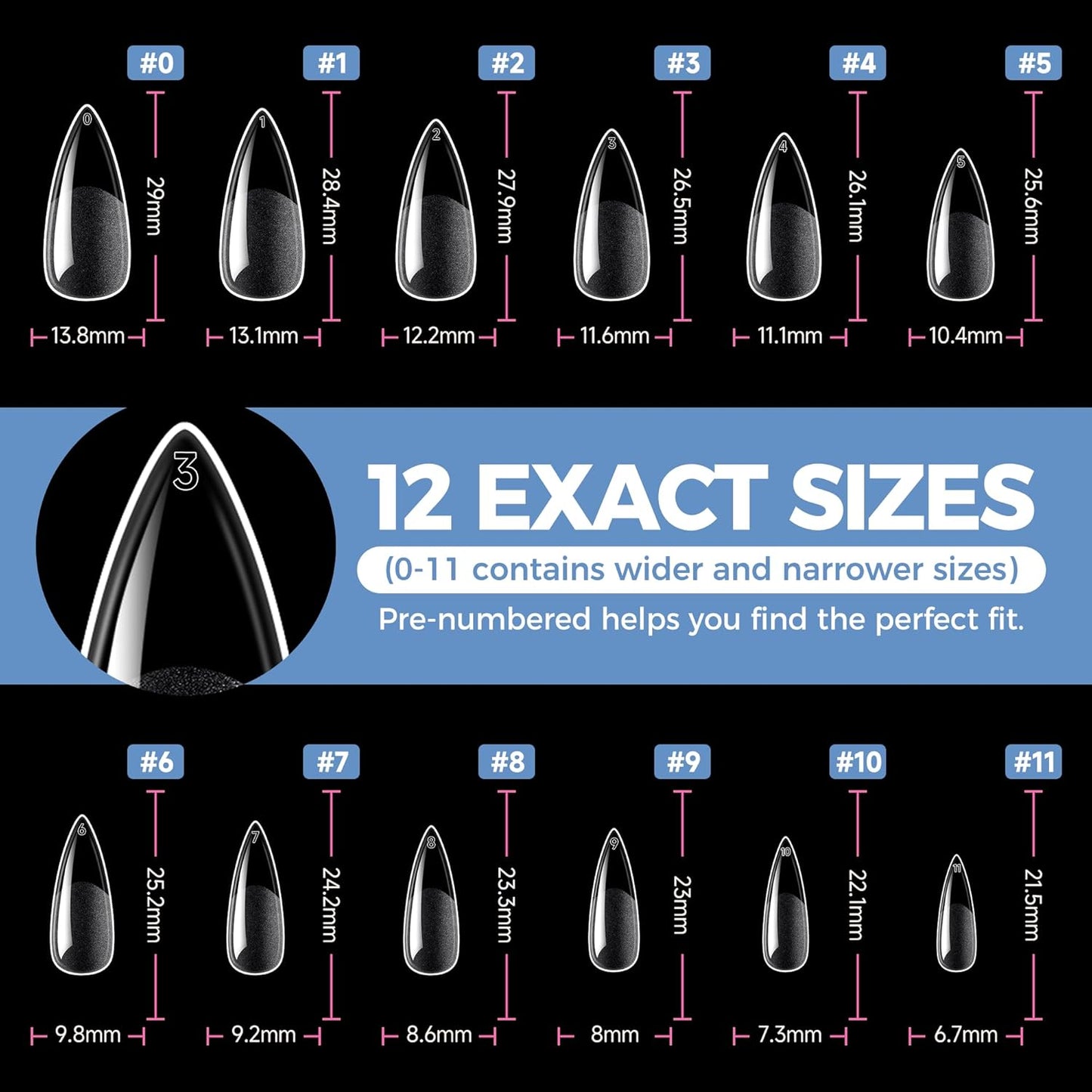 UNA GELLA Medium Stiletto Gel Nail Tips - Full Cover 216 Pcs Almond Shape | Pre-Etched Soft Gel Nails in 12 Sizes