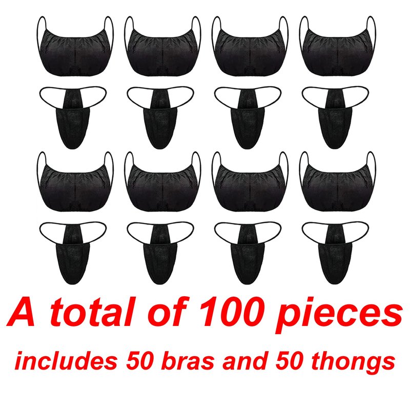 FRASTORDER 50 Pairs (100 Pcs) Disposable Bra and Underwear Set - Black Disposable Thongs & Bras for Spa, Spray Tan, Massage & Waxing - Non-Woven Breathable Salon & Travel Supplies