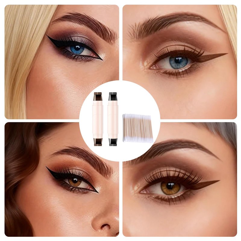 Hubaltuye 2PCS Rotating Eyeliner Stamp Pen, With 100 Dual-Ended Cotton Swabs, Waterproof, Smudge-Proof Wing Eyeliner Stamp, Easy to Create Exquisite Makeup, Ideal For Beginners & Daily Use