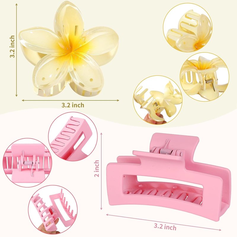 Flower Hair Clips - Square Claw Clips for Thick or Thin Hair | 6 PCS Hawaiian Hibiscus & Plumeria Set (Pink)