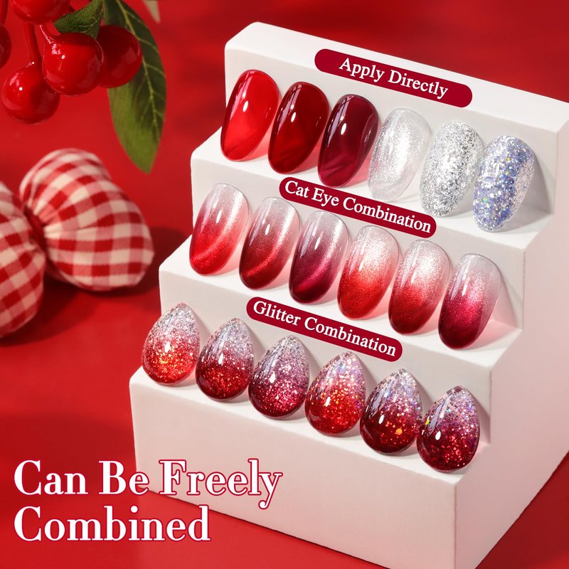 Double Rhythm Gel Polish Set - 6 Pcs 15 ML Soak Off Nail Art Kit | Jelly Burgundy Red & Silver Glitter