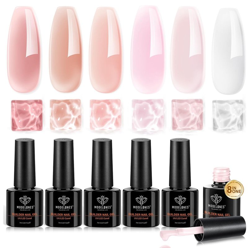 modelones Gel Polish Builder Nail Set, Builder Base Colors Jelly Nude Pink Hard Strengthener Rubber Gel Polish 8-in-One Extension LED Nail Lamp Cured 6 Colors