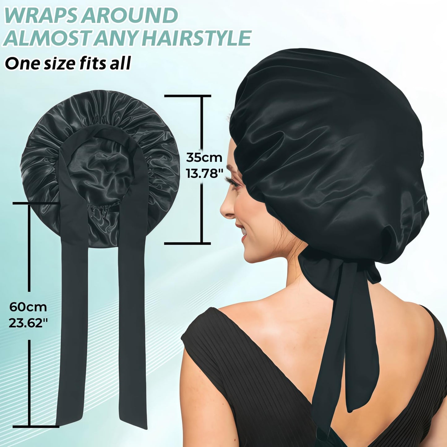 VECIIR Silk Bonnet for Sleeping Women, Ajustable Hair Bonnet for Curly Hairs Satin Bonnet Reduce Friction Prevent Frizz Black，Large
