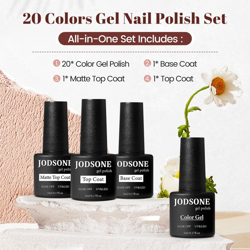 JODSONE Gel Nail Polish Set - 23 PCS Multicolored Long-Lasting Base & Matte Top Coat