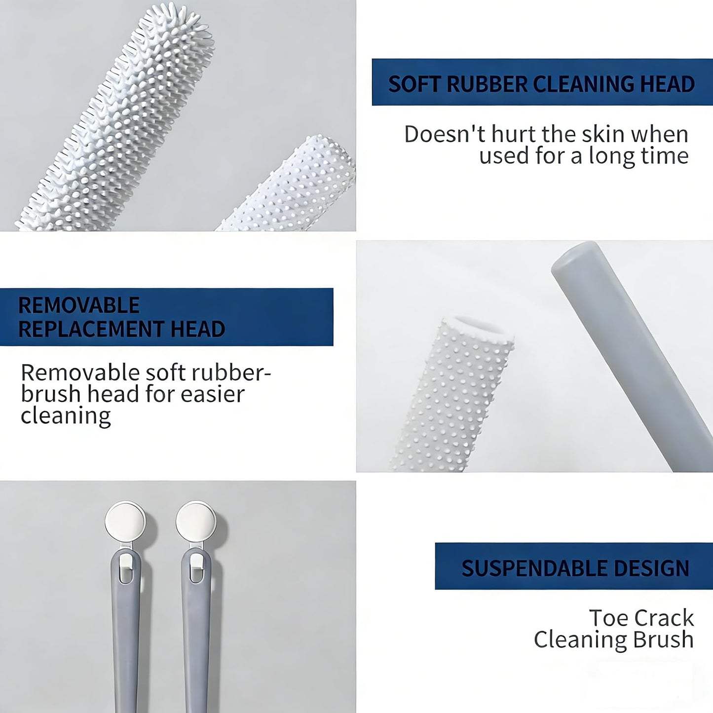 Toe Cleaning Brush, 15.7" Foot Scrubber with Long Handle Silicone Toe Gap Cleaner, Soft Rubber Brush Exfoliating Foot Scrubber for Shower - Seniors, Men and Women (Grey, 1 Set)