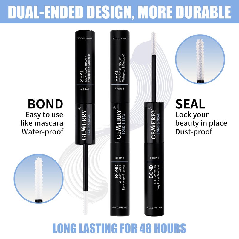 Lash Bond and Seal 10ml GEMERRY Bond and Seal Lash Glue for Lash Clusters Strong Hold 48-72 Hours Cluster Lash Glue Lash Bond and Seal Waterproof Mascara Wand Bond and Seal(Clear, 10ml)