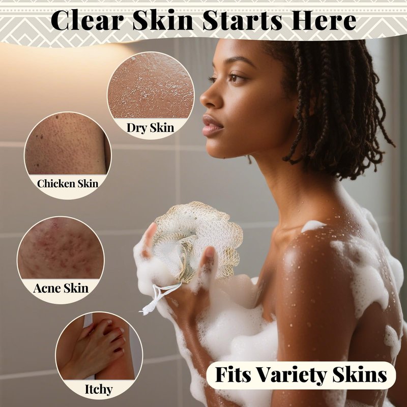 African Net Sponge Authentic-4 Packs African Exfoliating Net Sponge,Bath Sponges for Shower,42 inch Long for Normal to Sensitive Skin, for Daily use, Body Exfoliator Shower(Linen&Brown&Black&Grey)