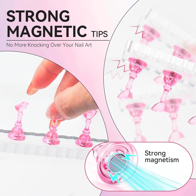 ESUOHYM Nail Stand For Press On Acrylic Strong Magnetic Nail Holder Kit For Painting Nails Tip Arts Display With 200PCS Double-Sided Tape And 1 Heart Shaped Acrylic Magnetic Presson Stand (Clear And Pink, Medium)
