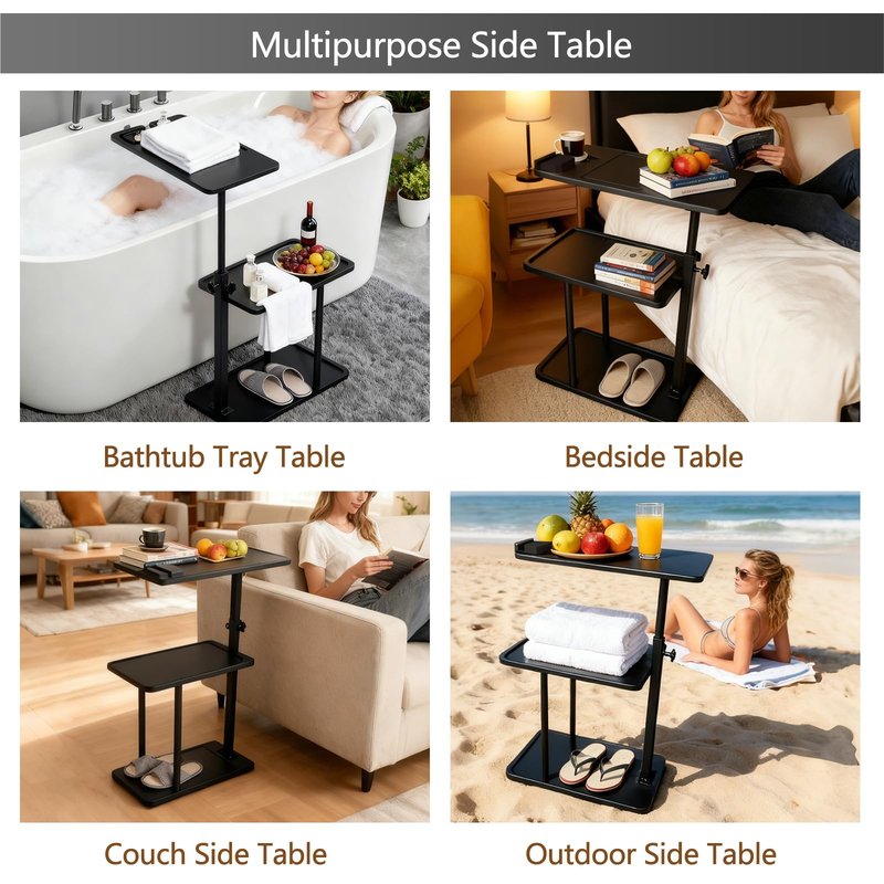 3 Layer Bathtub Tray Table,Bamboo Swivel Bathtub Side Table Height Adjustable,Freestanding Bathtub Tray for Tub Against Wall,Bathtub Accessories&Bathroom Organizer for Luxury Home Spa (Black1)