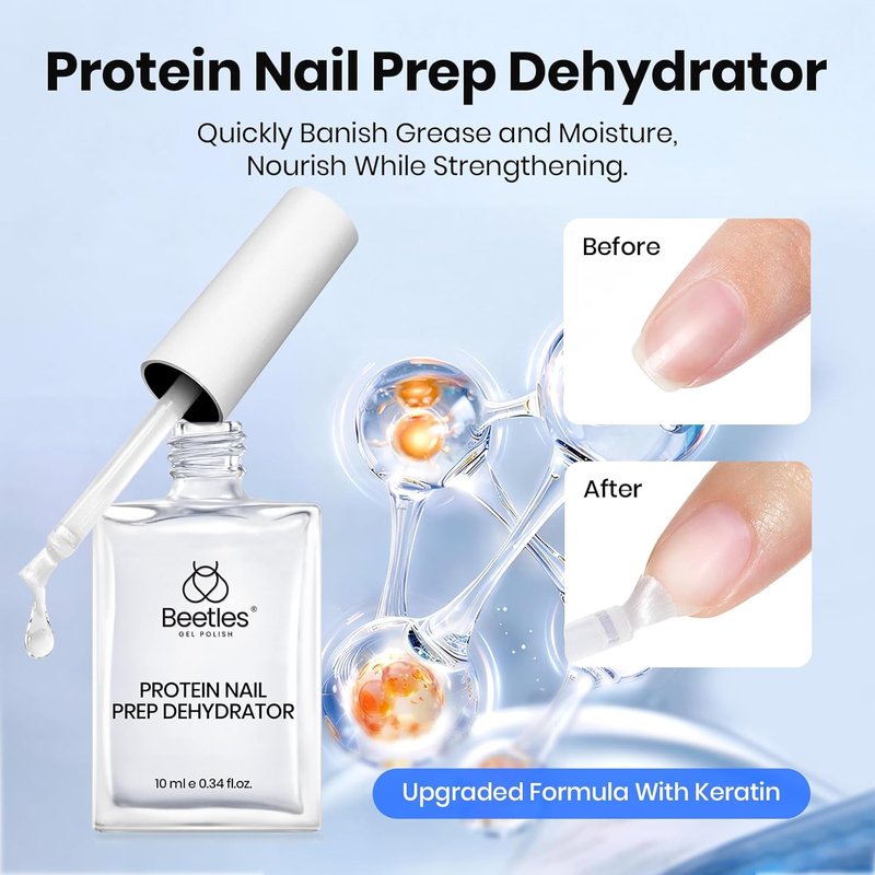 Beetles Protein Nail Prep Dehydrator & Primer - Hema-Free, Acid-Free Bond Primer for Gel & Acrylic Nails | Matte & Glitter Top Coat Set