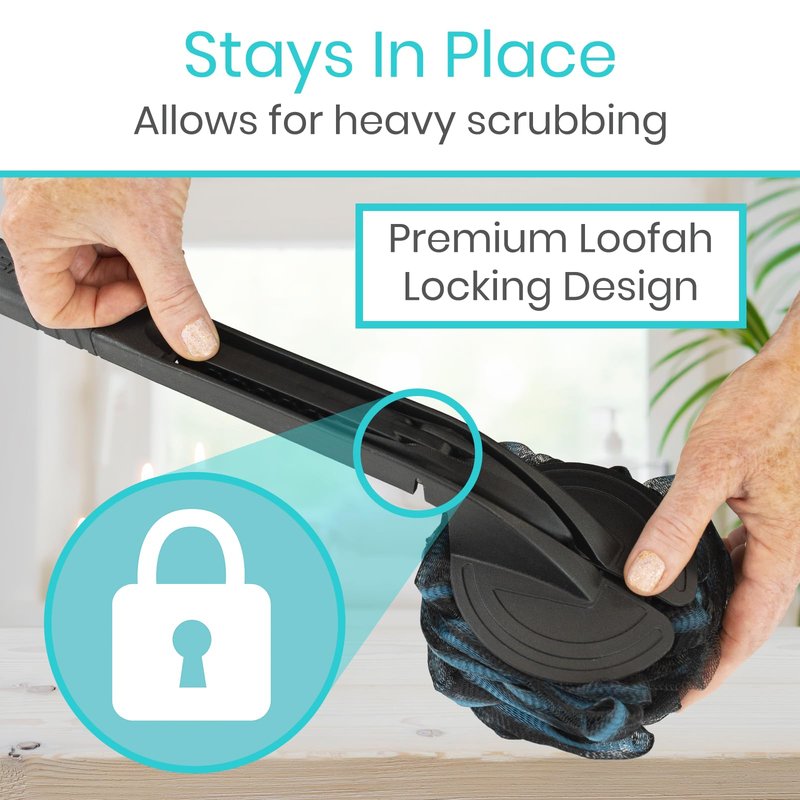 Vive Long Handled Loofah on a Stick - Mesh Back Sponge for Bath, Reusable w/Extra Pouf - Exfoliating Scrubber for Elderly & Disabled, Soft Loofa for Bathing Men & Women