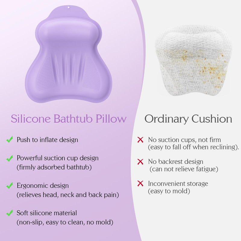 Silicone Bath Pillow, New Material Bath Pillows for Tub Head Neck and Back Support, Bath Tub Pillow with 4D Press Inflatable Airbag and Non-Slip Strong Suction Cups, Quick-Drying, Easy to Store,Purple