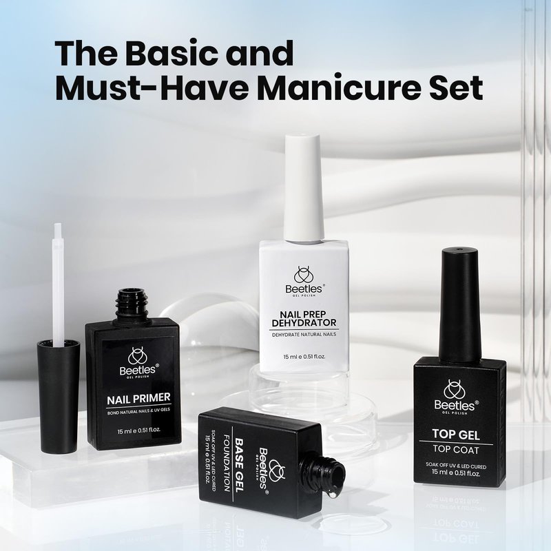 Beetles 4Pcs Gel Top Coat and Base Coat with Nail Dehydrator and Primer Set - Acid-Free & Hema-Free Nail Bond for Gel Polish & Acrylic Nails, Long-Lasting for Professional Manicure Prep Kit