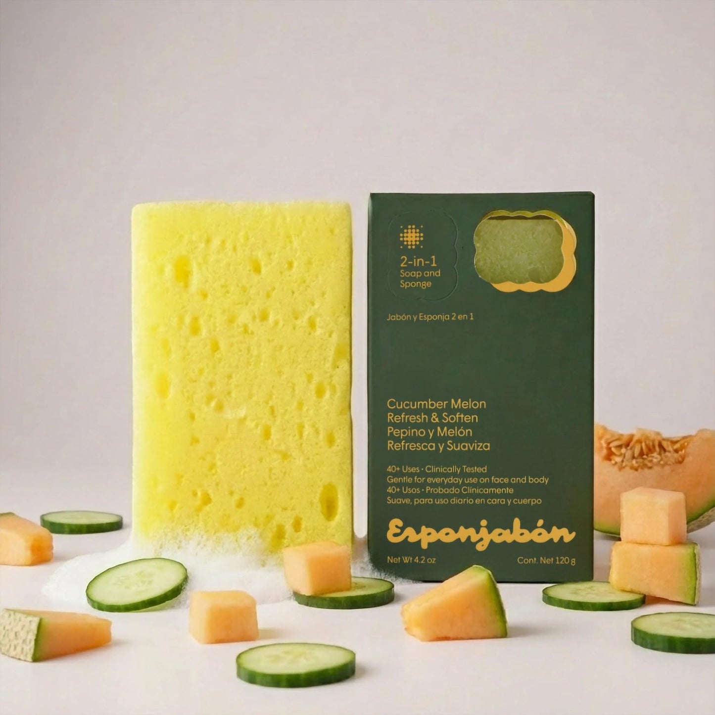 T.Taio Esponjabon Mother of Pearl & Cucumber Melon Soap Sponges — Shower Scrubbers that Remove Oil & Dirt — Sponges to Scrub Foot, Elbow, & Face — Bathroom Accessories — Fresh Scent (2-Pack)