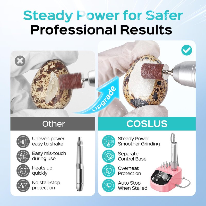 COSLUS E50 Professional Electric Nail Drill: Upgraded Steady Power with LED Display for Acrylics, Gel, Natural Nails - Easy to Use for Women, Nail Art Practice, Desktop Nail File at Home DIY or Salon