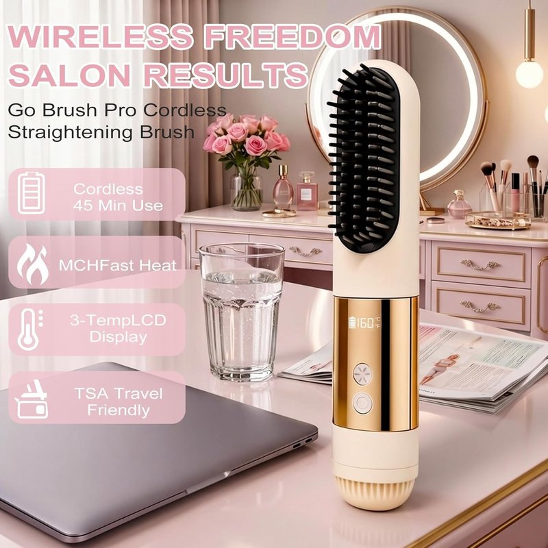 Go Brush Pro Hair Straightener Brush - Portable Cordless Design with LED Display & Cool Air Setting | Travel-Friendly Blue