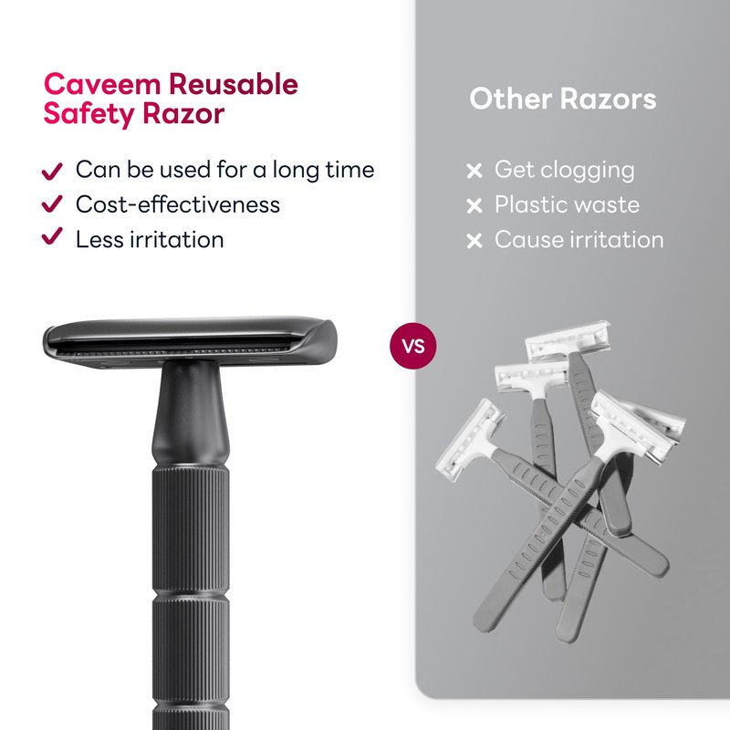 CAVEEM Double-Edge Safety Razor, Single-Blade Razors with 5 Stainless Steel Razor Blades for Men and Women, Reusable Metal Razor – Gun Metal Black