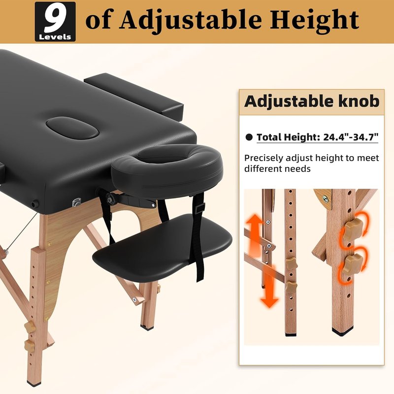 Civama Massage Table - Portable 2-Section Foldable Bed | Lightweight, Height Adjustable, Black with Carrying Bag