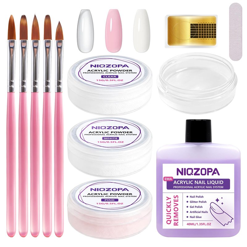 NIQZOPA Acrylic Nail Kit for Beginners: Clear White Pink Powder and Liquid Set - Professional Nails Kit Acrylic Set with Brushes Manicure Tools for Home DIY