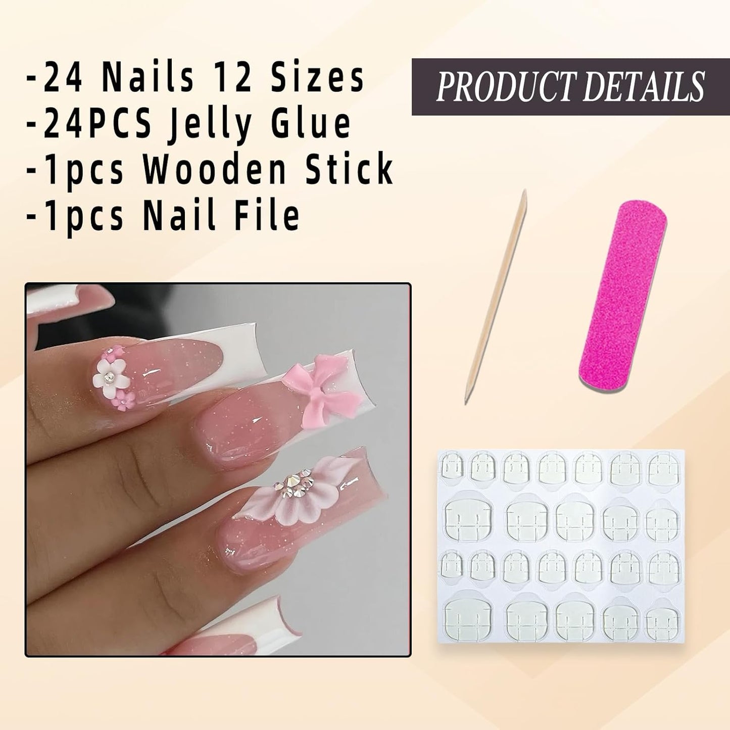White French Tip Press-On Nails - Long Square Design with 3D Flowers & Rhinestones | Reusable Nude Pink Full Cover, 24 Pcs
