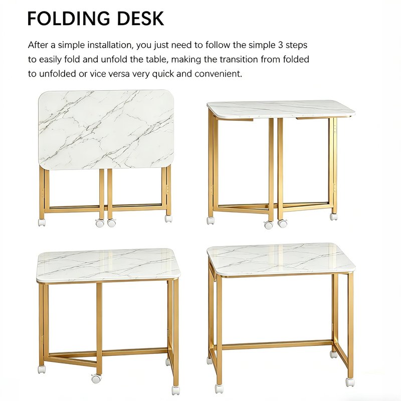 JSB Small Folding Computer Desk with Storage Bag and Hook Writing Modern Industrial Work Table Laptop for Home Office White (White&Gold, 23.6")