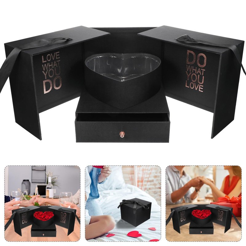 GLEAVI Heart Shaped Flowers with Square Lids Black - Hearts Floral Bouquet Packing Box Double Layer Arrangement Jewelry Paper Cardboard Treat Box for Girlfriend Wife Mom