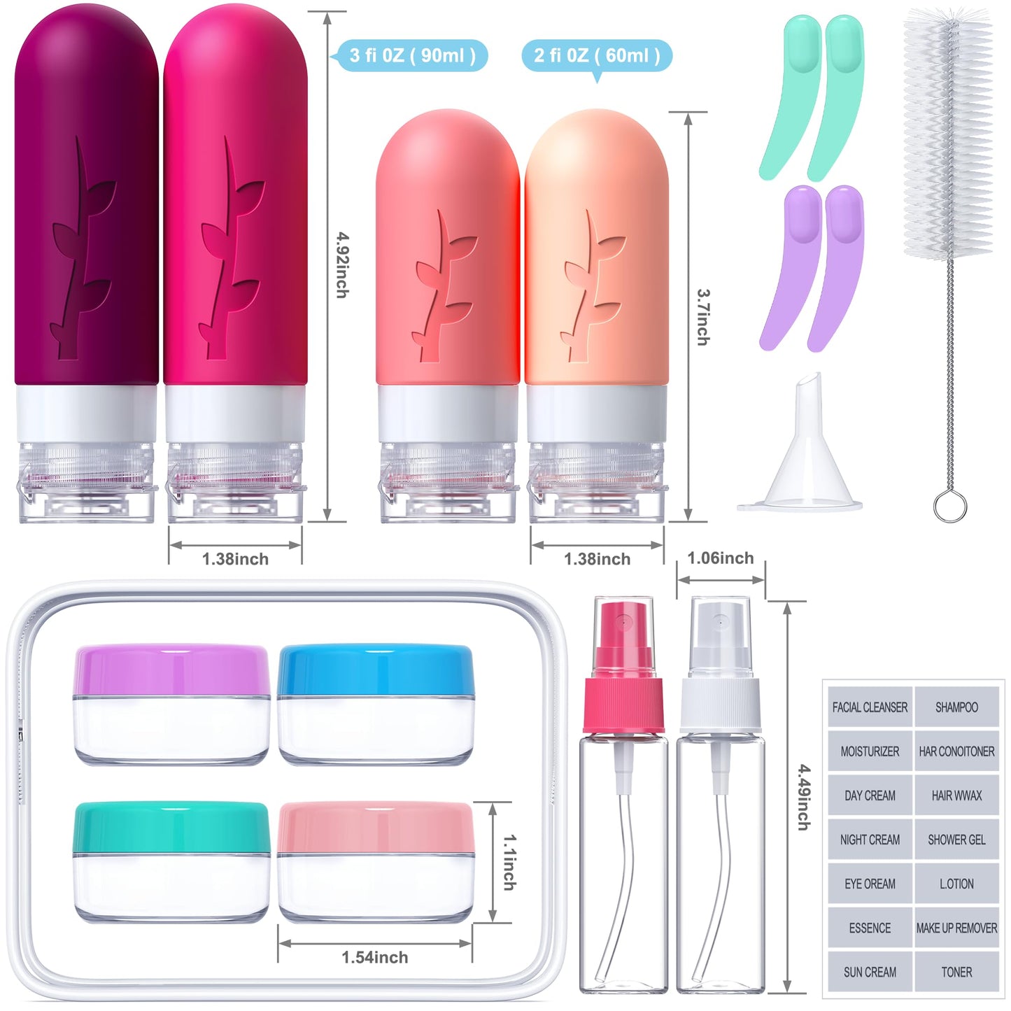 Tocelffe Travel Bottles for Toiletries, Tsa Approved Silicone Containers for Toiletries, Leak Proof Refillable Liquid 3oz 2oz Travel essentials for Shampoo Conditioner Lotion BPA Free